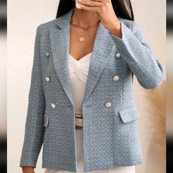 Plaid Print Double Breasted Blazer Workwear  - Picture 4 of 4